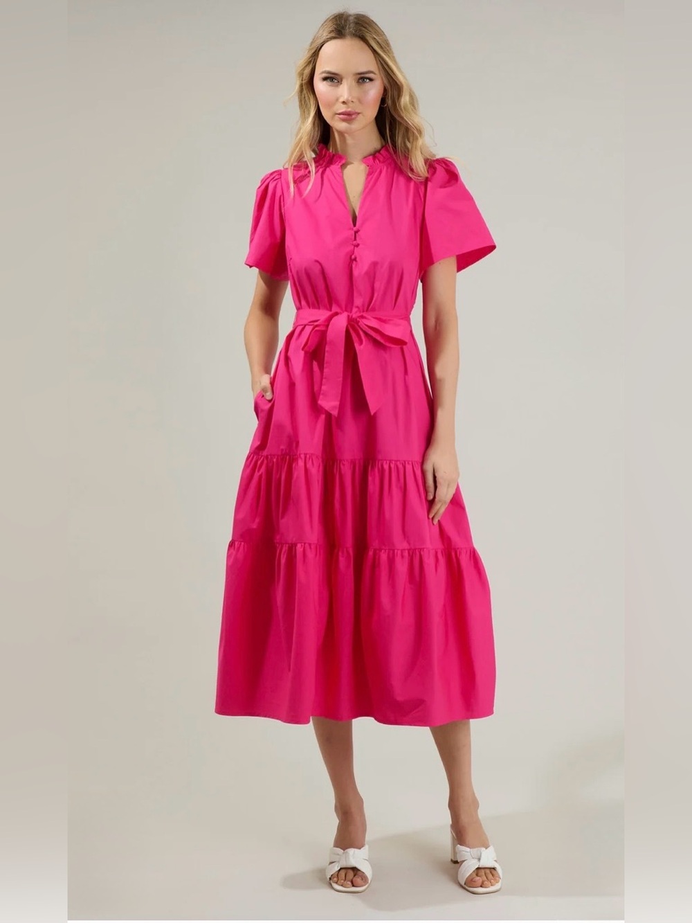 Sugarlips Hot Pink Tiered Midi Dress with Tie Waist